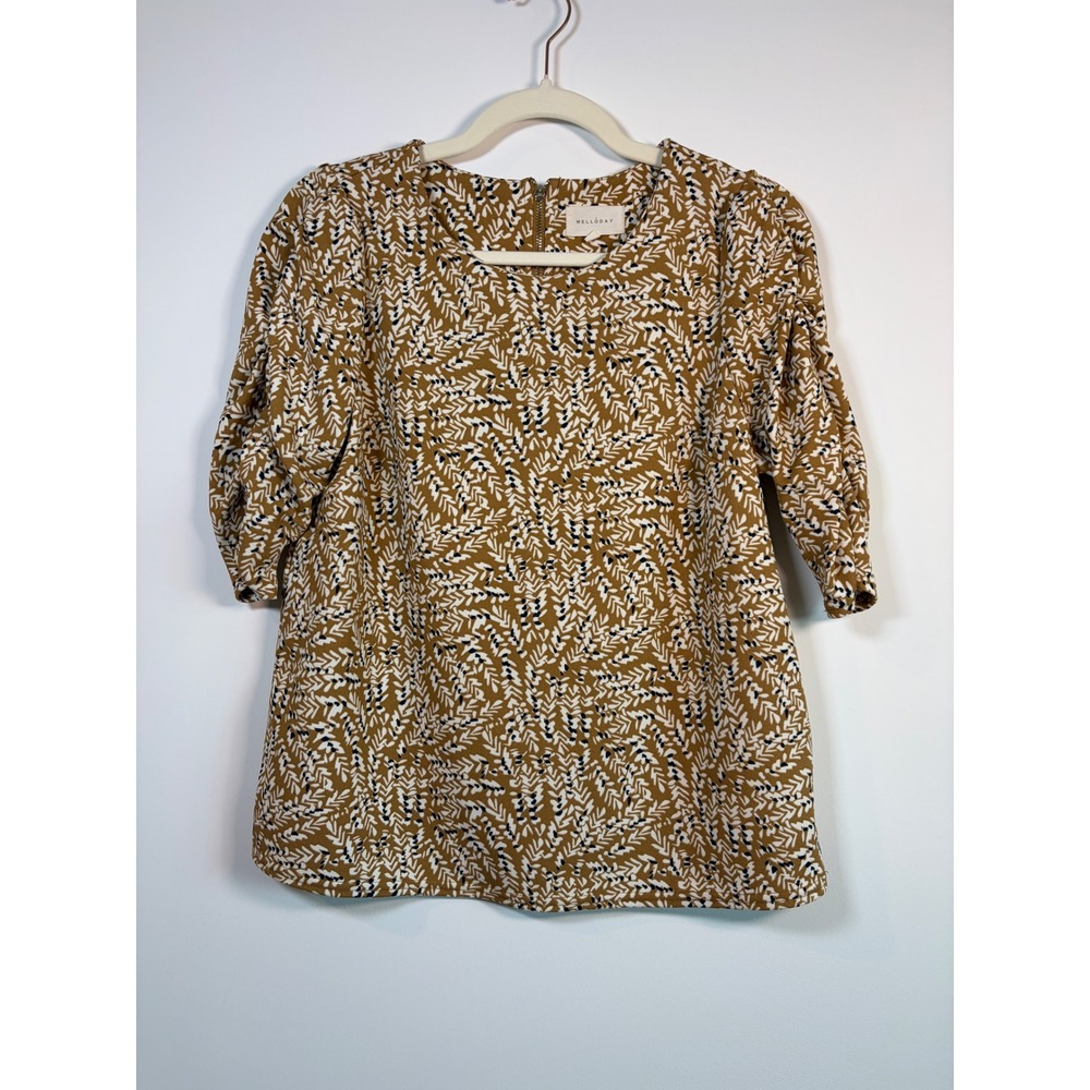 Melloday Mustard Yellow Leaf Print Puff Sleeve Blouse Back Zip Small CET204183